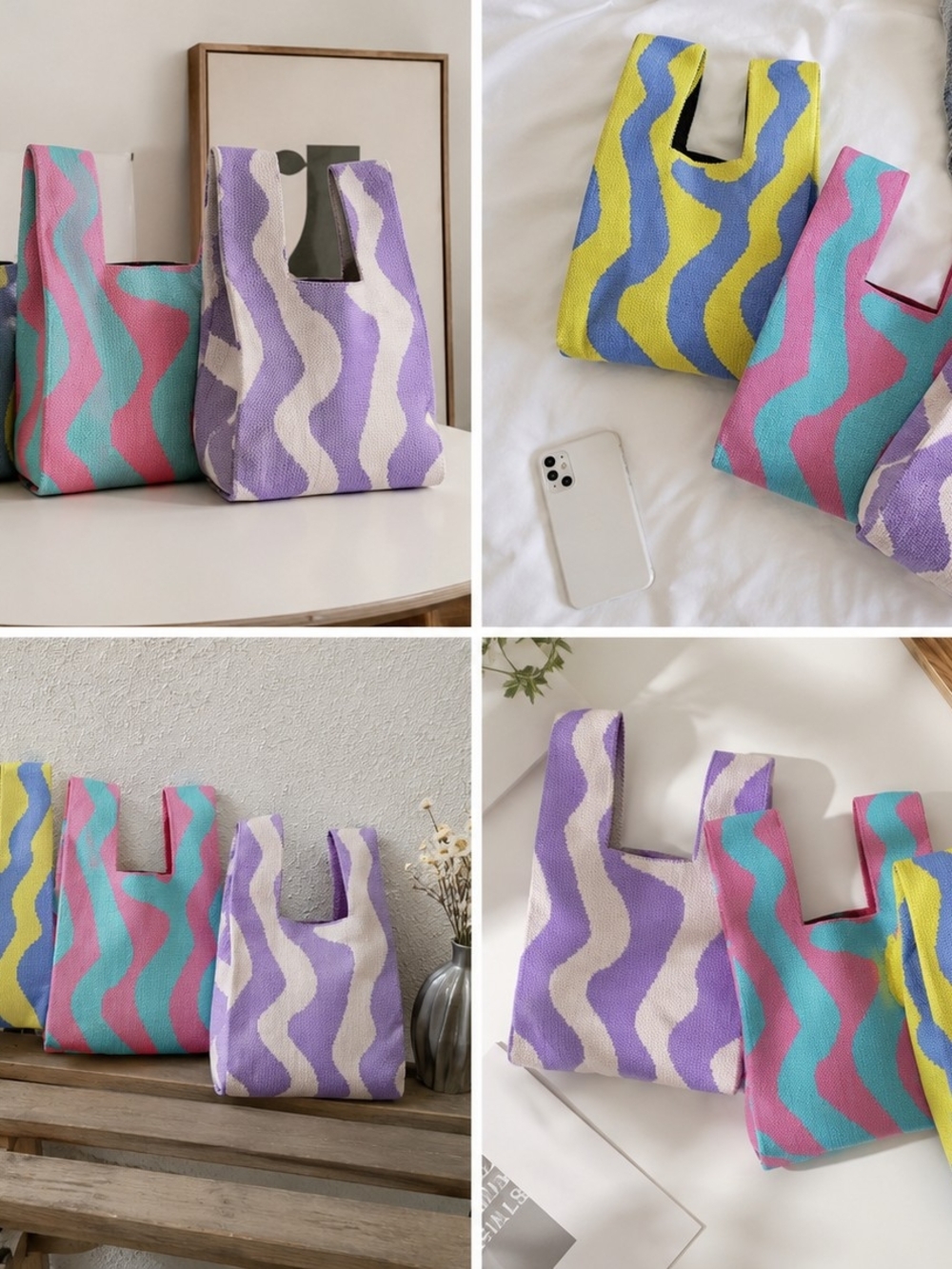 3 Pieces Wavy Pattern Canvas Tote Bag - Multicolor (Pink, Purple, Turquoise)